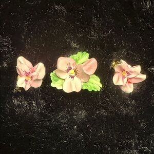 Pink Porcelain Flower Brooch and Earring Set made in England